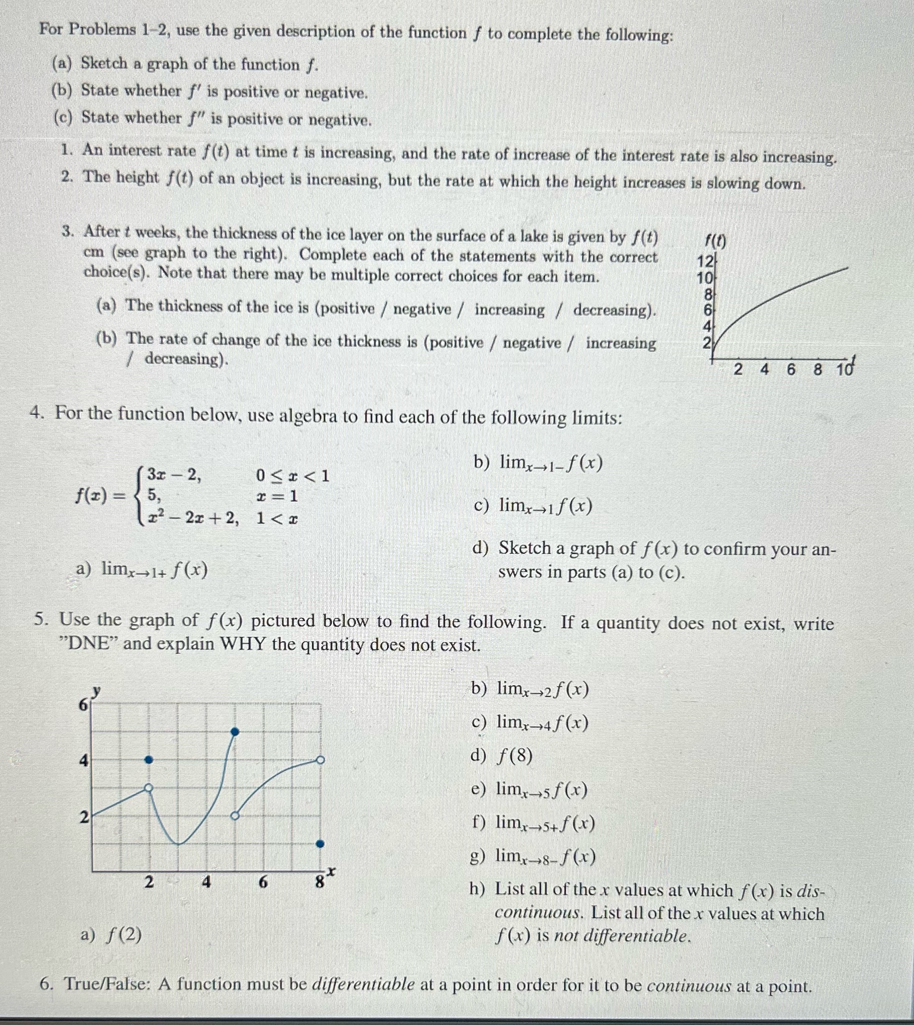  For Problems 1-2, use the given description of the function f