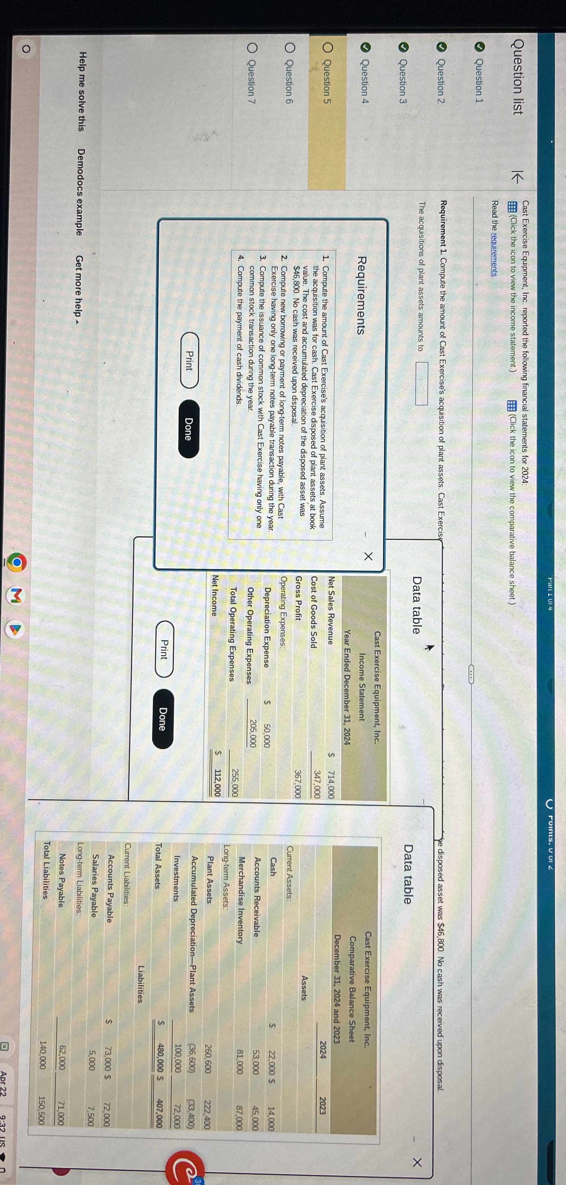 5 Question 6 Question 7 Cast Exercise Equipment, Inc. reported the following