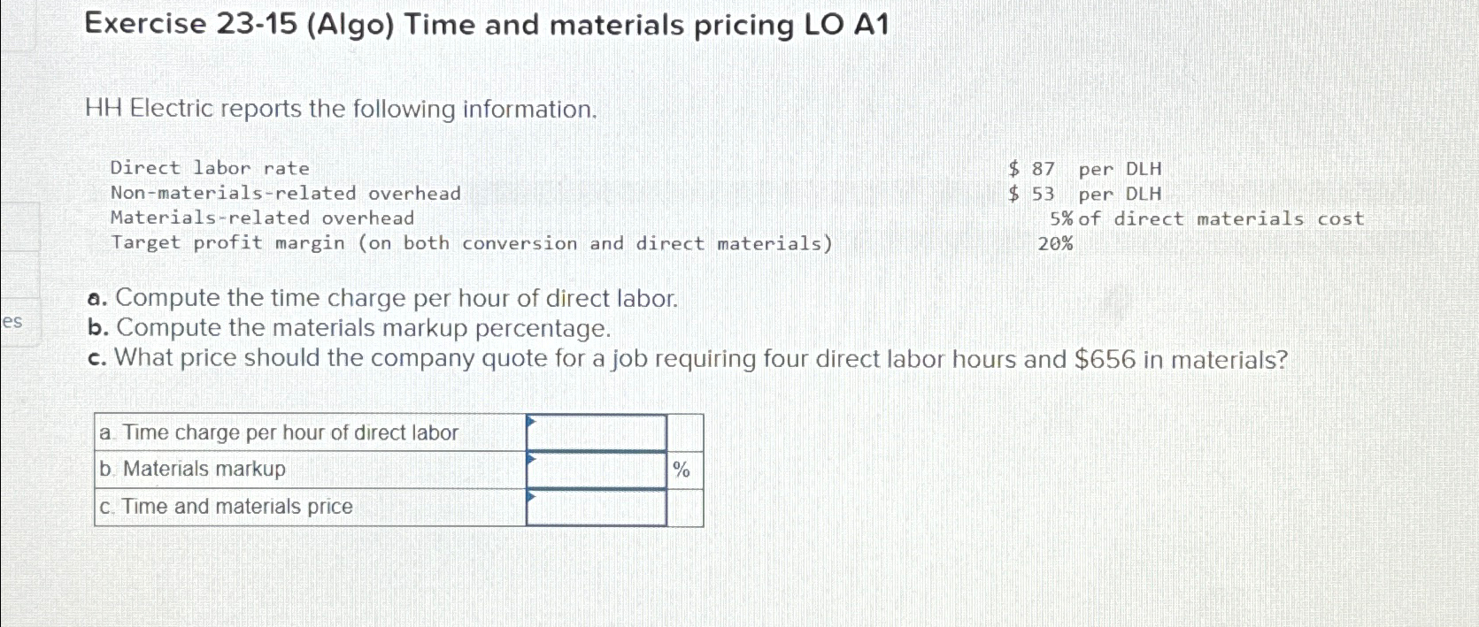 Exercise 23-15(Algo) Time and materials pricing LO A1 HH Electric reports