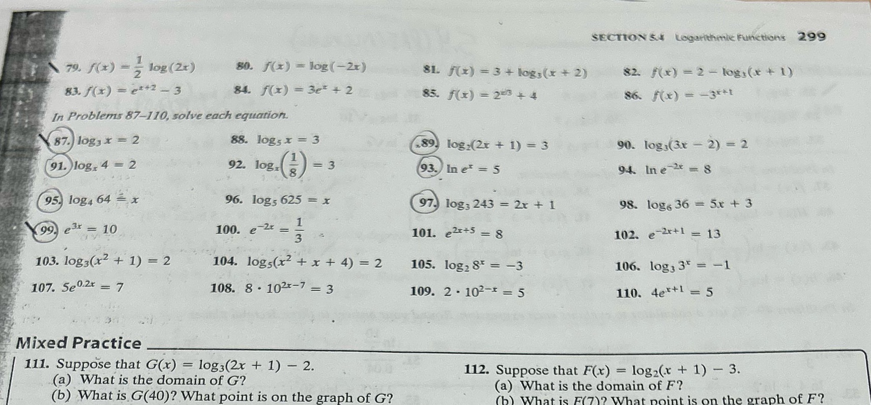  please answer these circled questions SECTION 54 Logarithmic Functions 299 79.