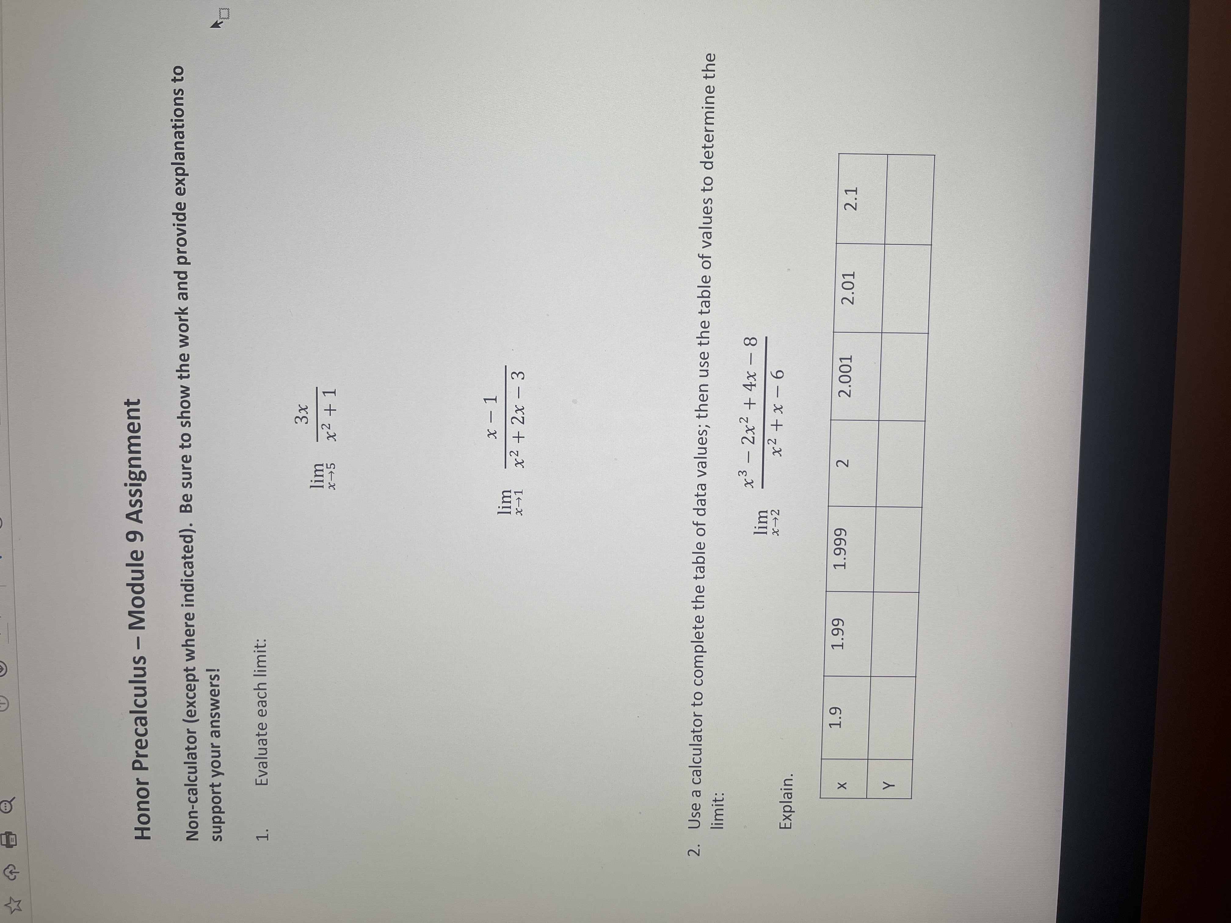  Honor Precalculus - Module 9 Assignment Non-calculator (except where indicated). Be