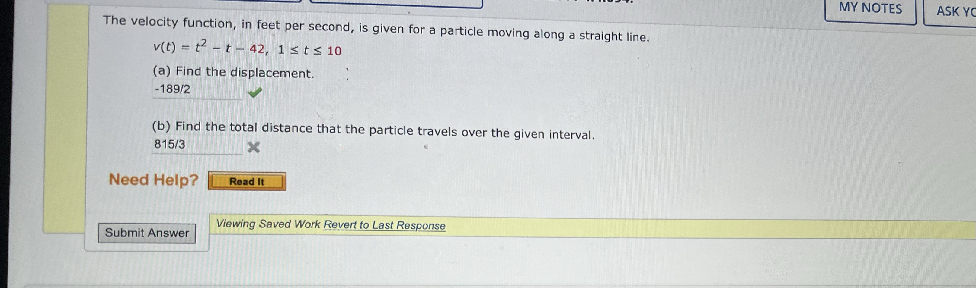 MY NOTES ASK YO The velocity function, in feet per second,
