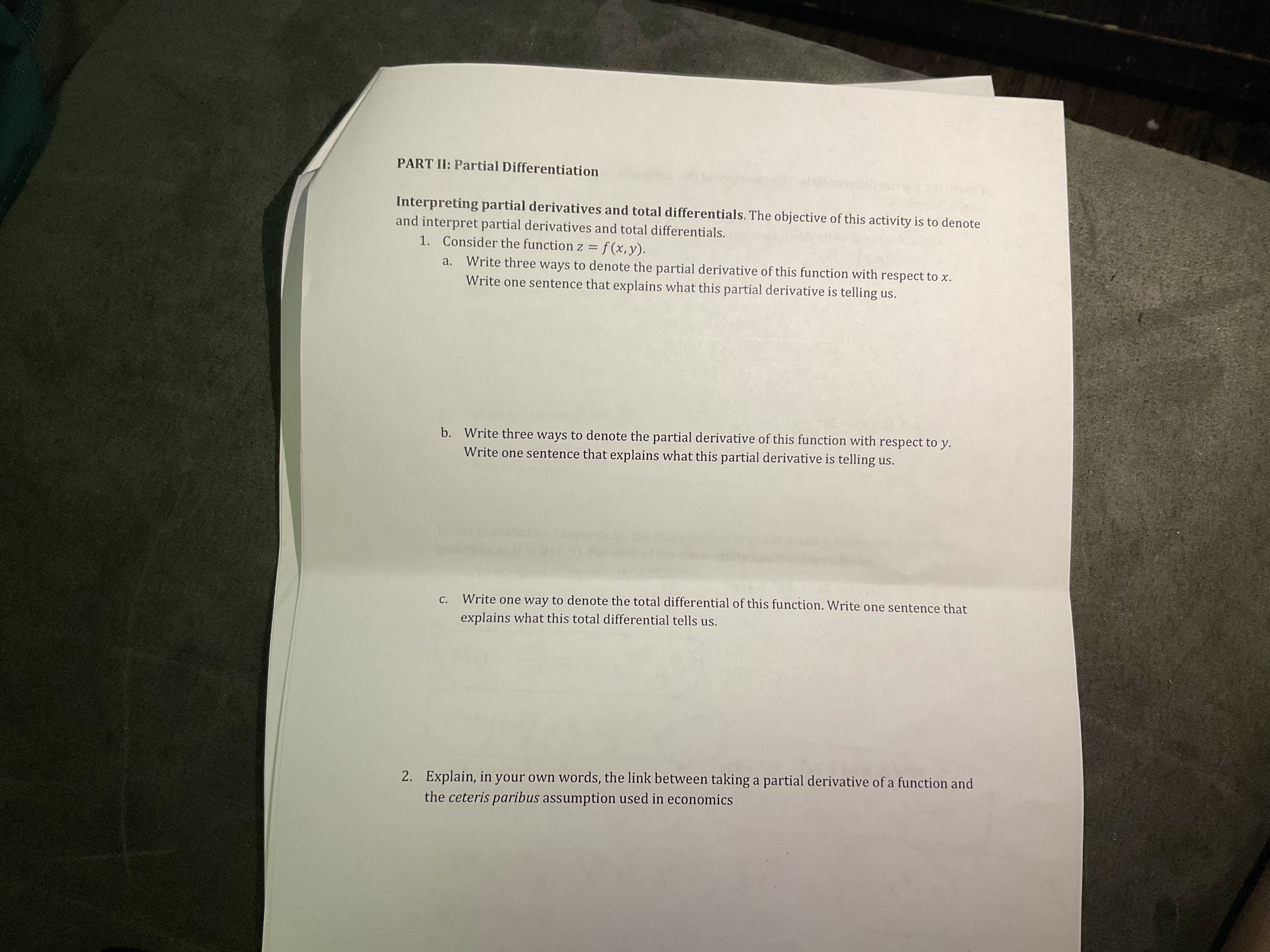 objective of this activity is to denote and interpret partial derivatives and