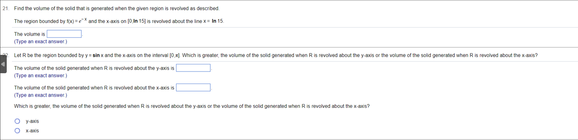 = e" and the x-axis on [0, In 15] is revolved about