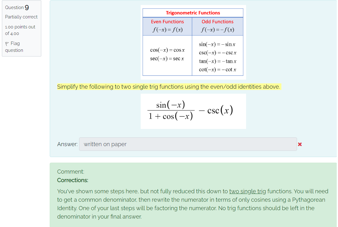 Question 9 Trigonometric Functions Pa rtiallyr correct Even Functions Odd Functions