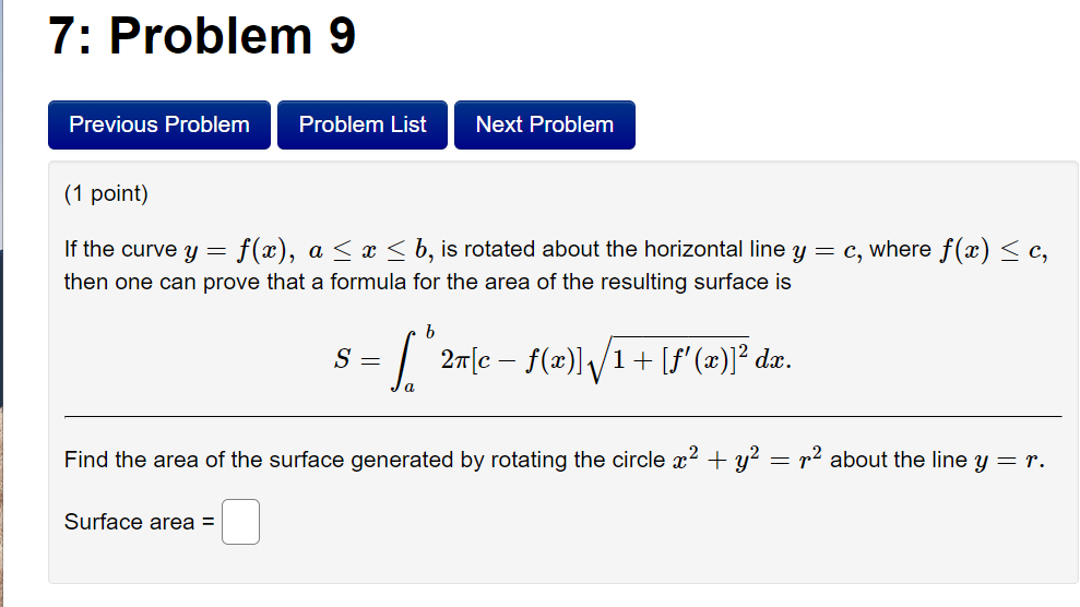7: Problem 9 (1 point) lfthe curve y : ay), a