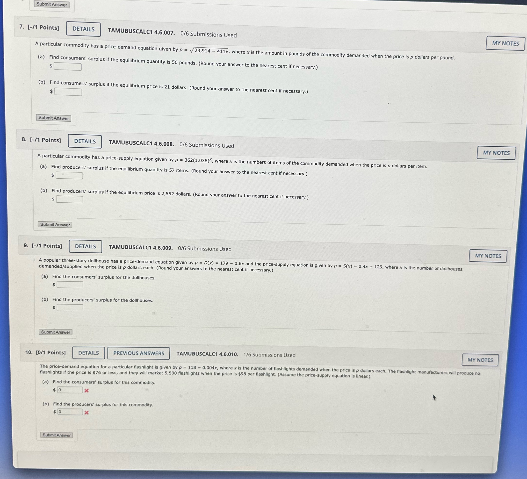 4.6.007. 0/6 Submissions Used MY NOTES A particular commodity has a price-demand