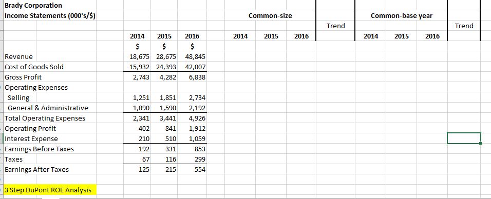 DuPont Return on Equity (ROE) analysis for Brady Corp. using cell references
