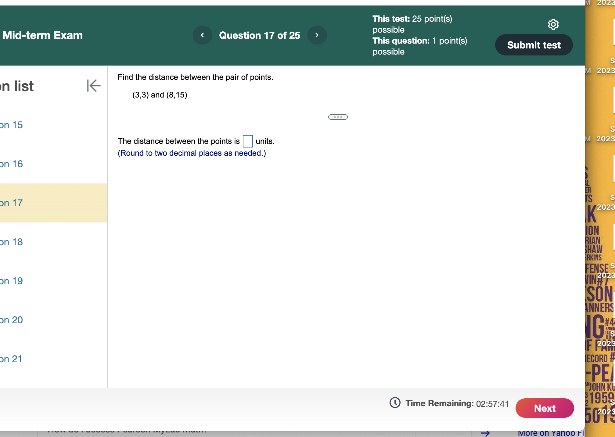 || i) Mi This test: 25 point(s) possible Mid-term Exam ' Questw"