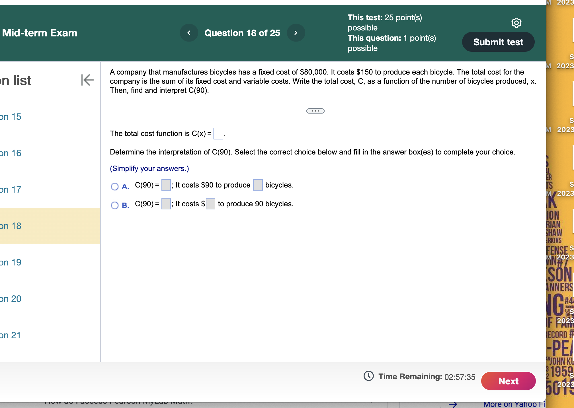 17 0f 25 ' This question: 1 point(s) Submit test possible Find
