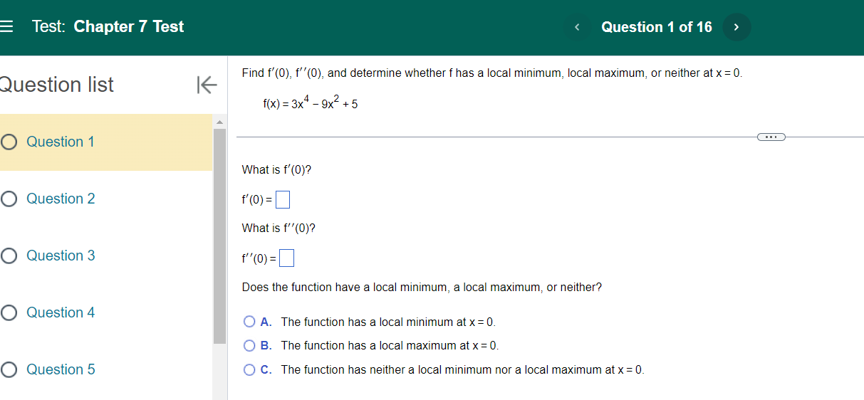  E Test: Chapter 7 Test This test: 16 point(s) possible This