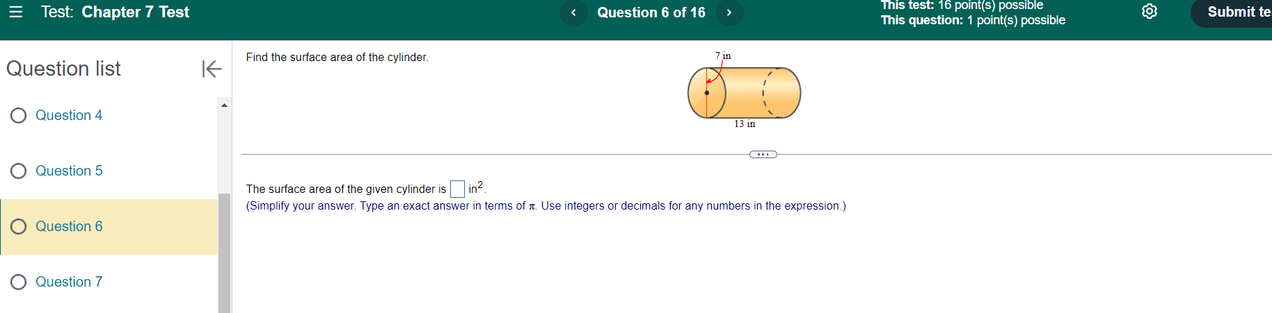 7= Test: Chapter 7 Test 16 point(s) possi This question: 1 point(s)
