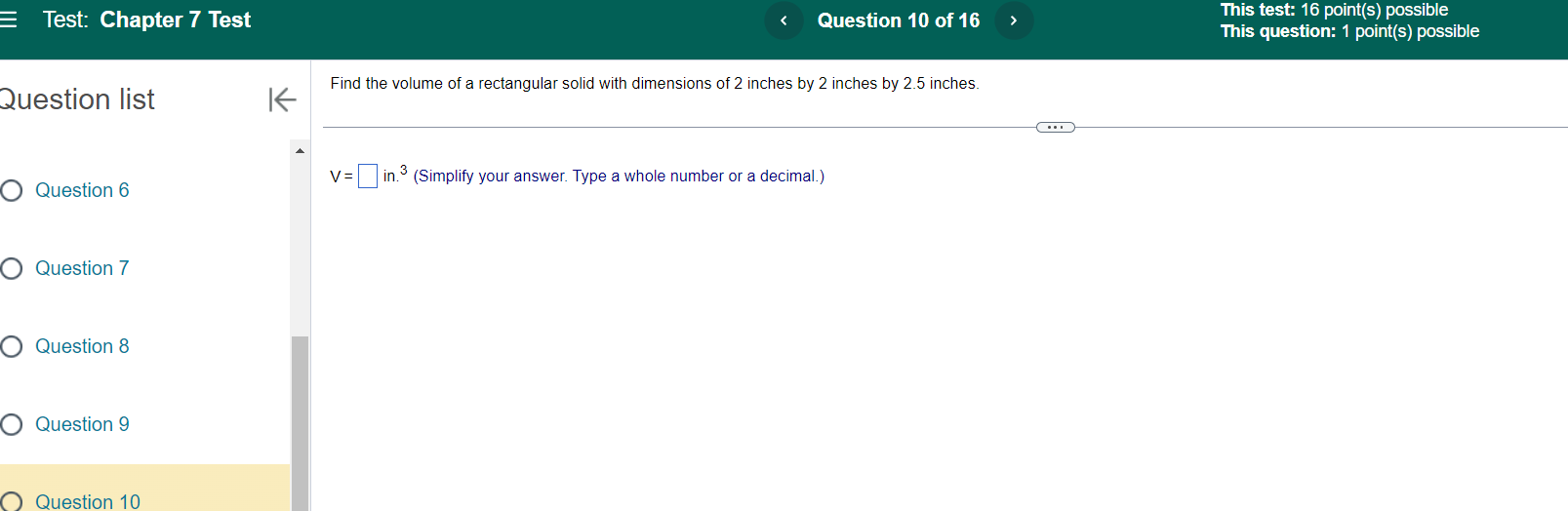 Question 7 H Question 8 5 O Question 9 Question 10 O