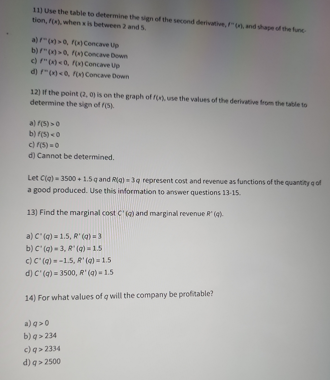  math objectives 11) Use the table to determine the sign of