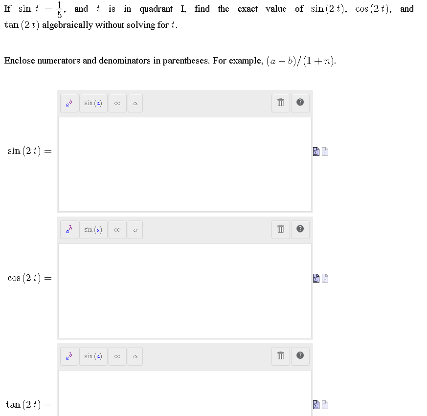 find the exact value of sin (2t), cos (2t), and tan (2