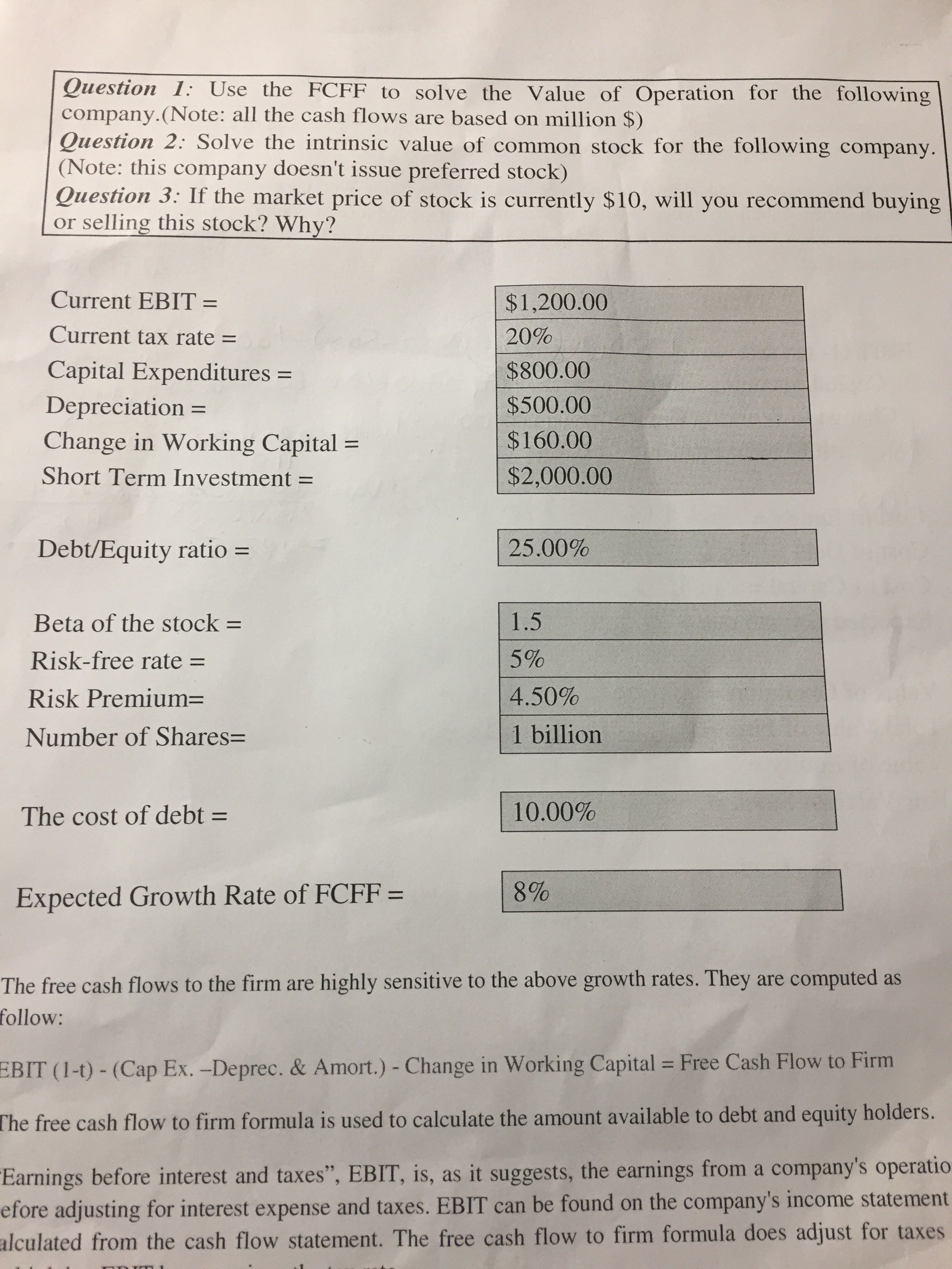 the following company.(Note: all the cash flows are based on million $)