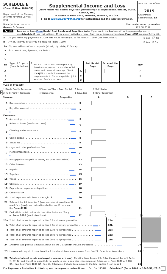for 2019 are reported on the W-2 form (see separate tab).Dr. Beeper