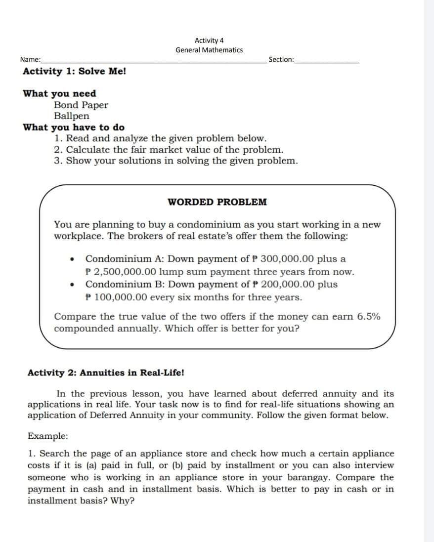 Gen math subject Activity ll Gerleml Mathematics Name: Section: Activity 1: