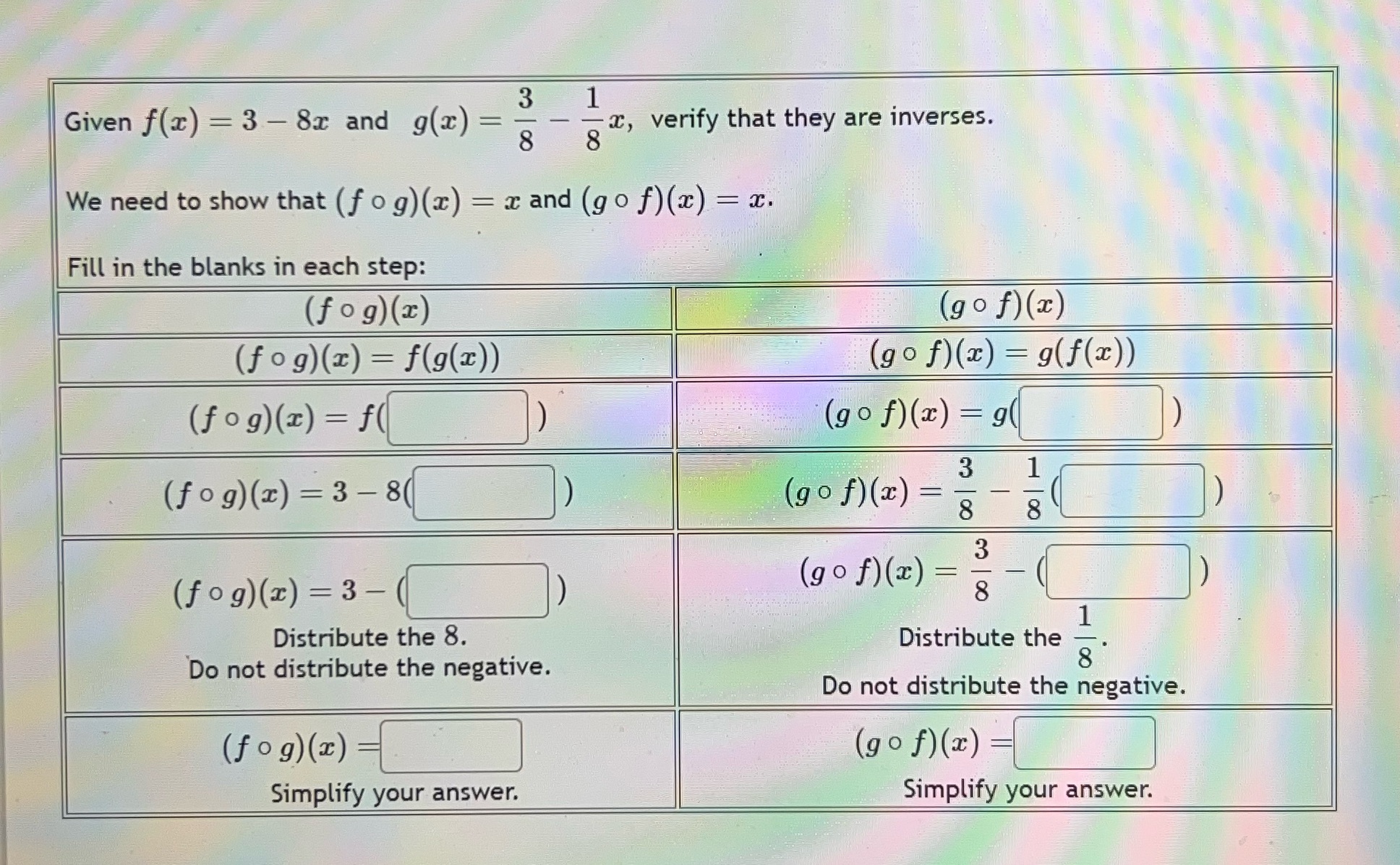 Given f(x) = 3 - 8x and g(x) = -x, verify
