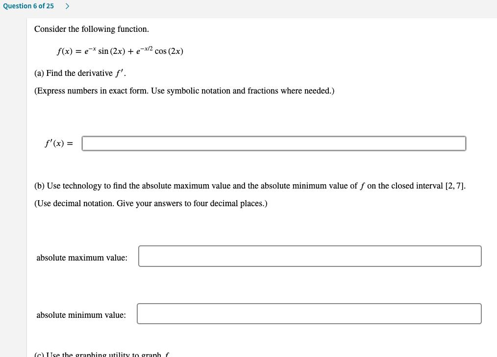 decimal notation. Give your answers to four decimal places.) absolute maximum value: