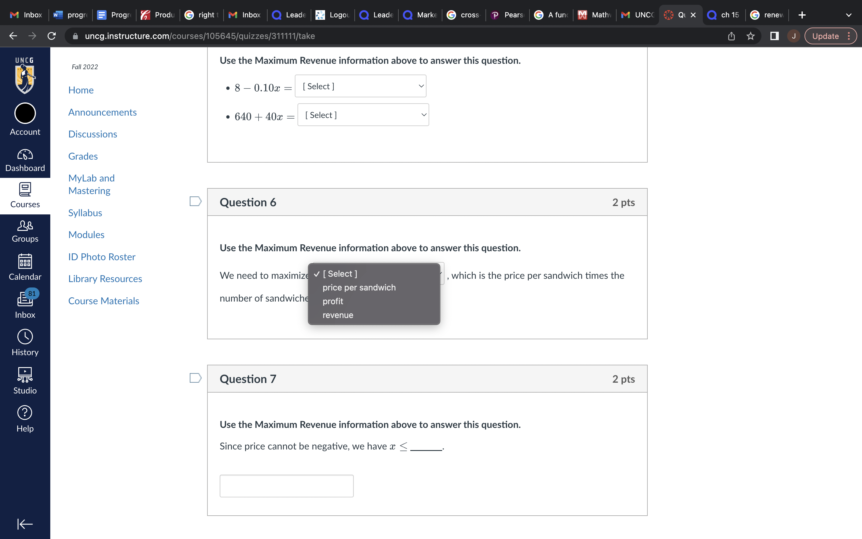 this question. . 8 7 010$ v [Select] price per sandwich .