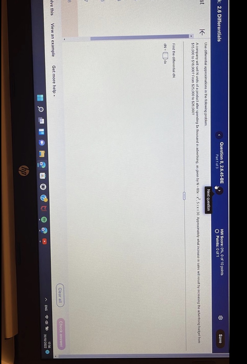  Solve it please k: 2.6 Differentials Question 8, 2.6.45-BE HW Score:
