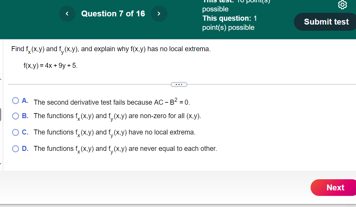 1 point(s) possible Submit test The equation M(x,y) = 56 + 0.8x