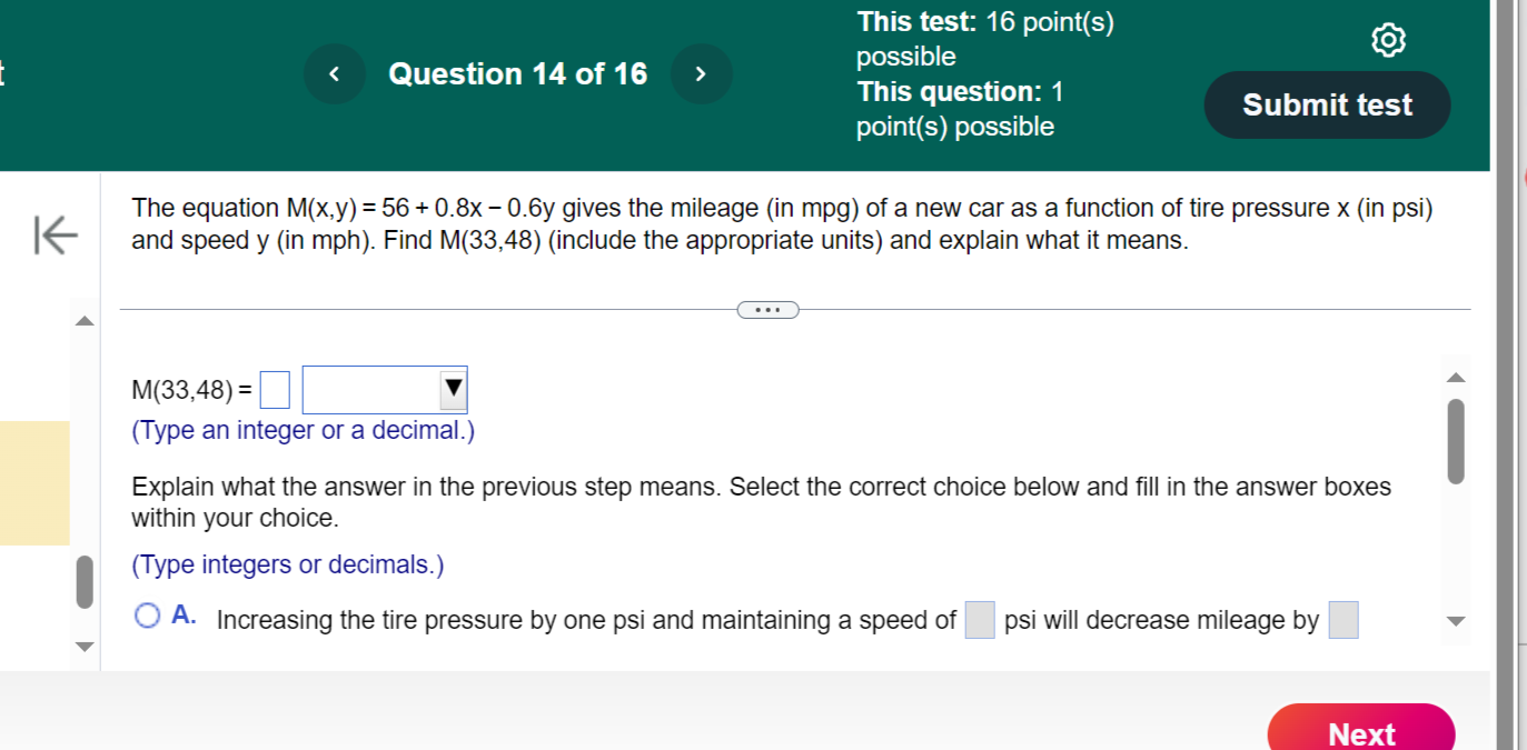 integers or decimals.) C? A- Increasing the tire pressure by one psi