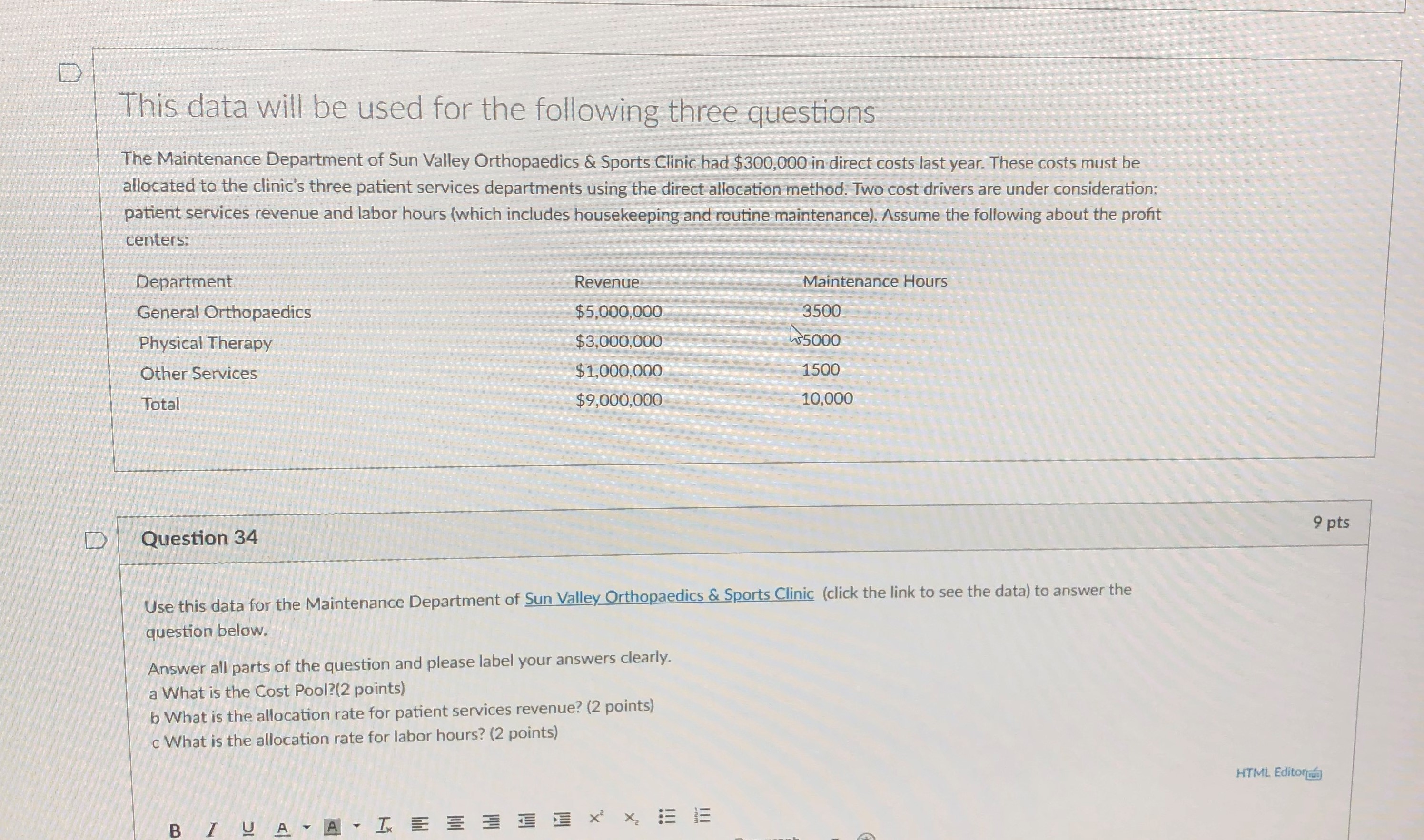 patient services departments using the direct alloCation method. Two cost drivers are