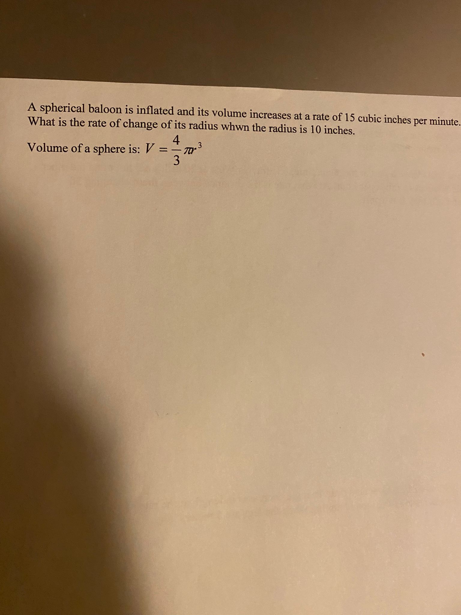 of 15 cubic inches per minute. What is the rate of change