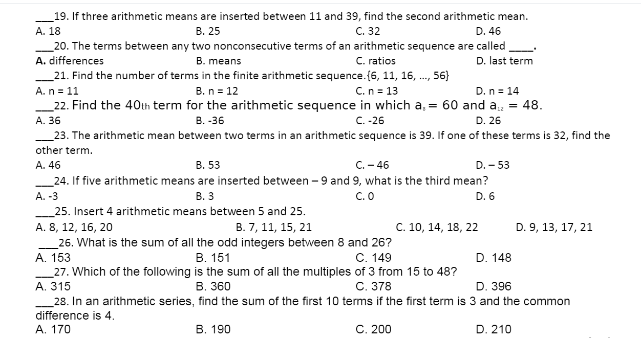 46 _20. The terms between any two nonconsecutive terms of an arithmetic
