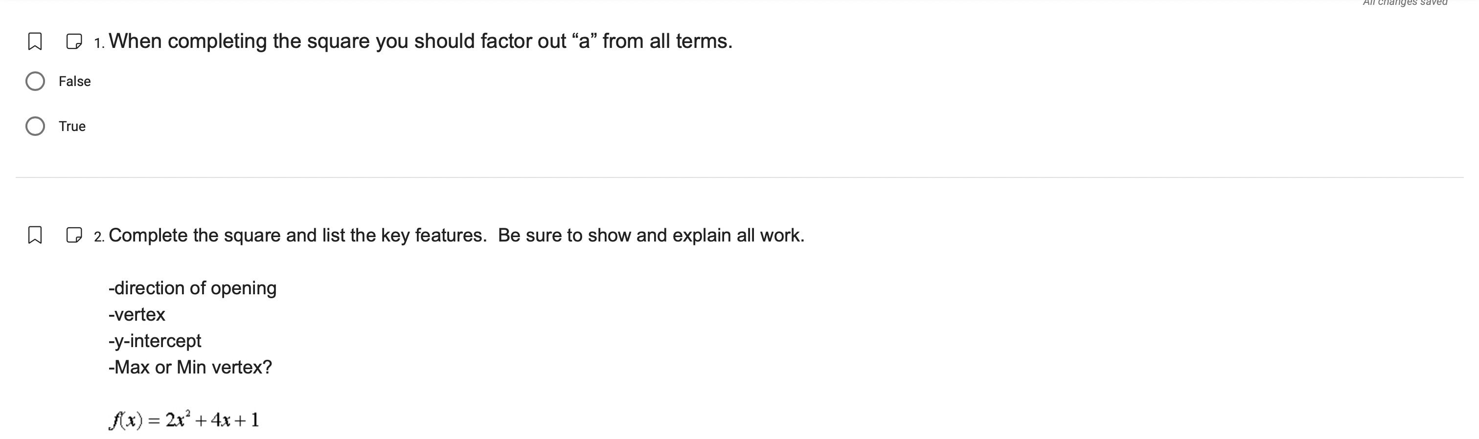 2. Complete the square and list the key features. Be sure to