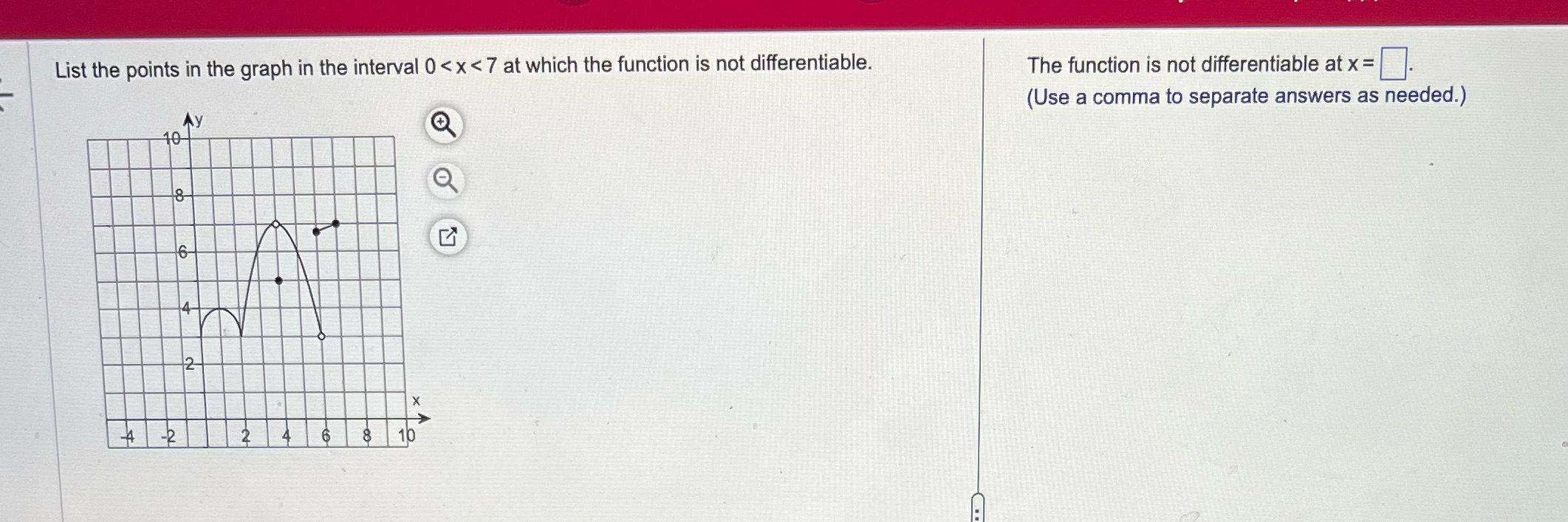 < 7 at which the function is not differentiable. The function is