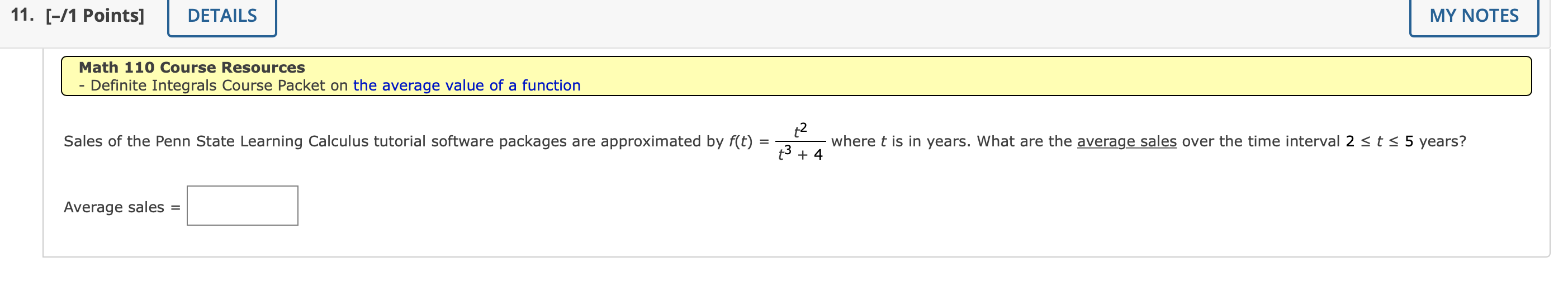 Definite Integrals Course Packet on the average value of a function 2