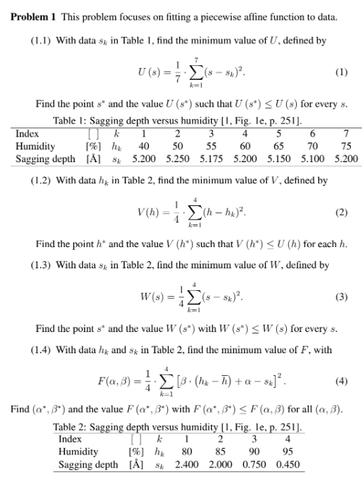 to data. (1.1) With data s in Table 1, find the minimum