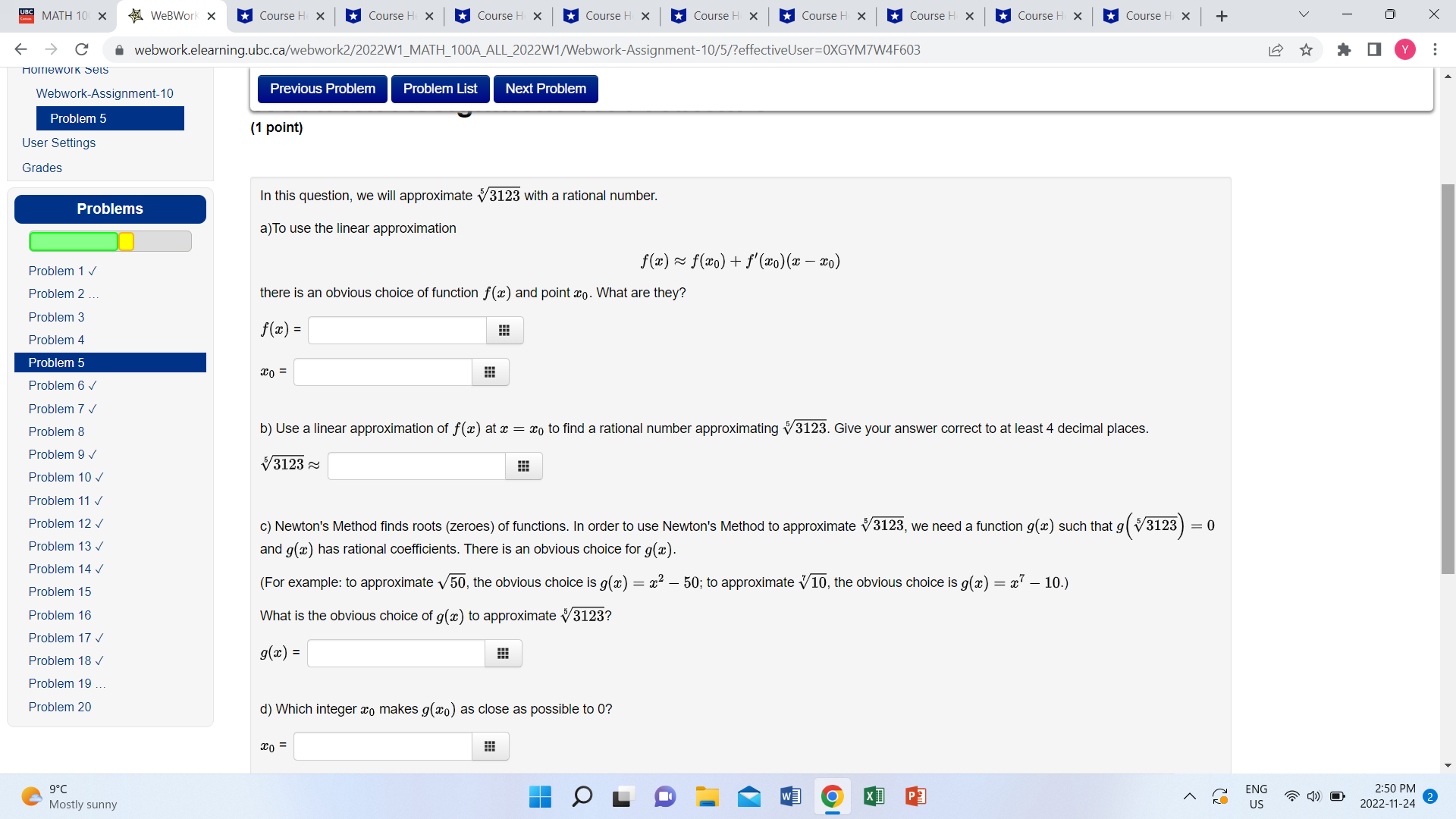  MATH 10( X WeBWork X Course H X Course H X