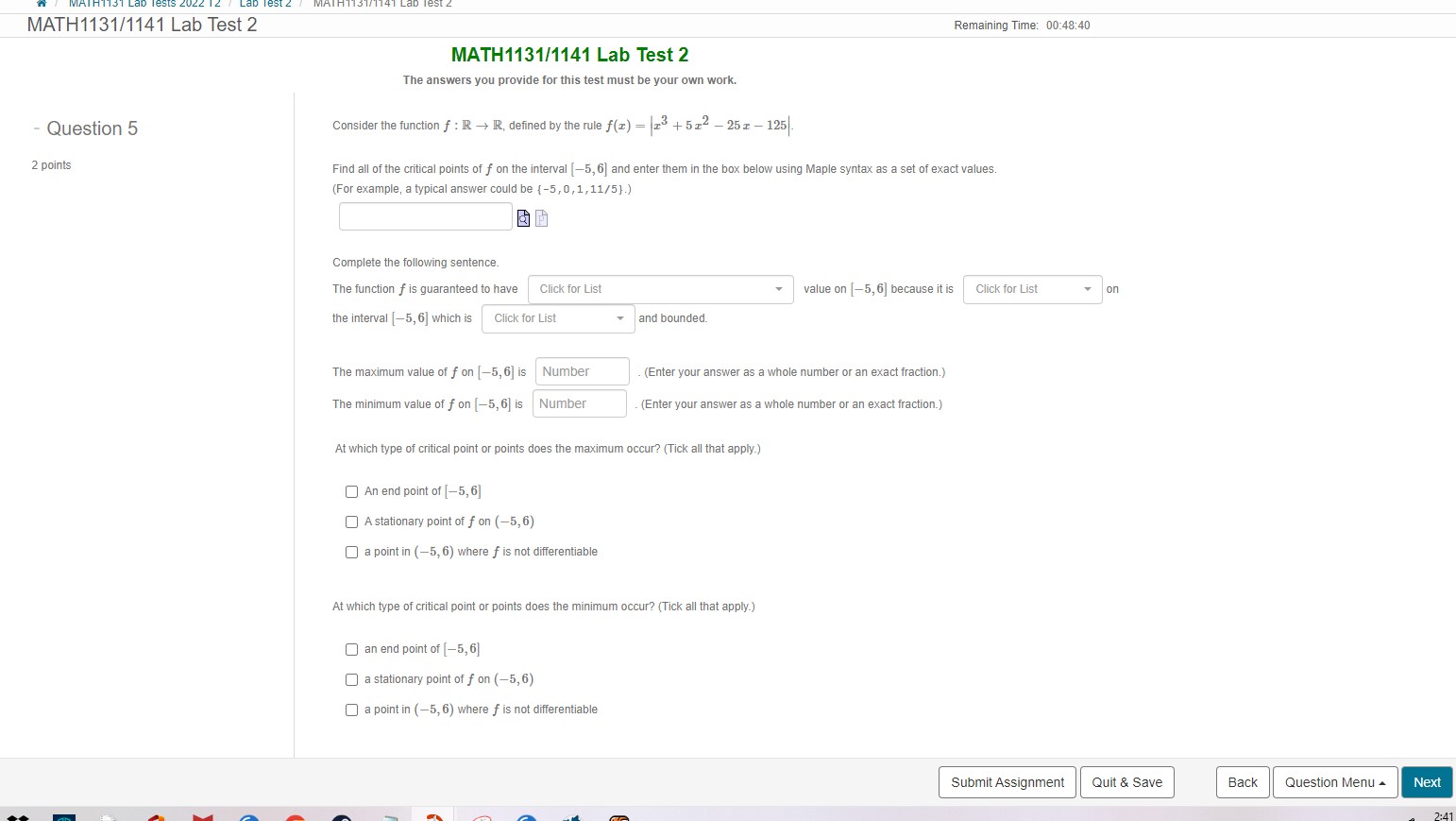 How to solve the blanks in this problem? MATH1131/1141 Lab Test