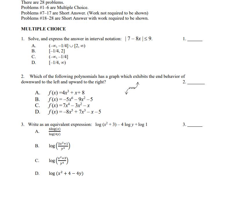 There are 28 problems. Problems #1 6 are Multiple Choice. Problems #717