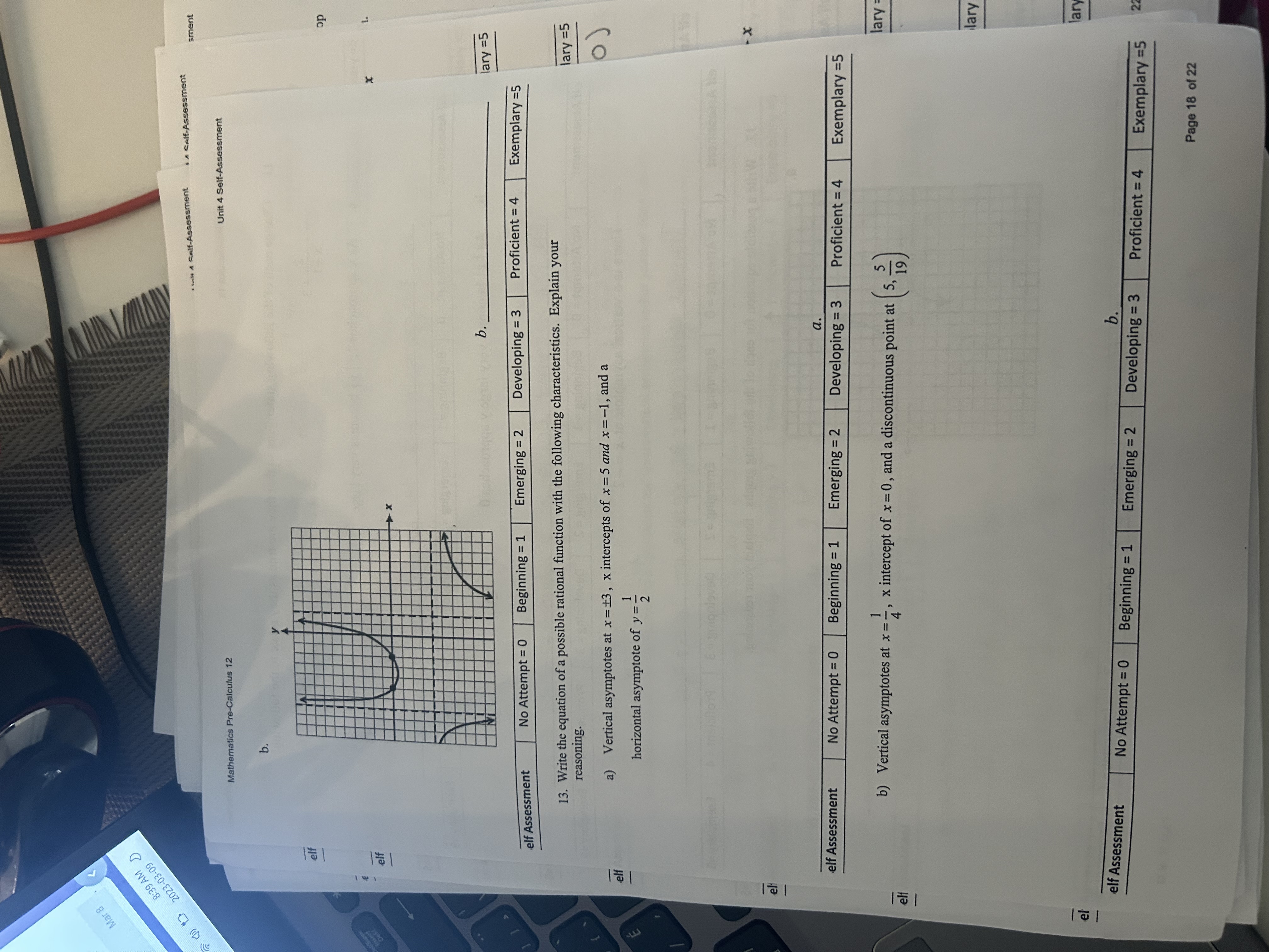 12 ago Unit 4 Self-Assessment c) Y-intercept at -5, no x-intercepts, discontinuous