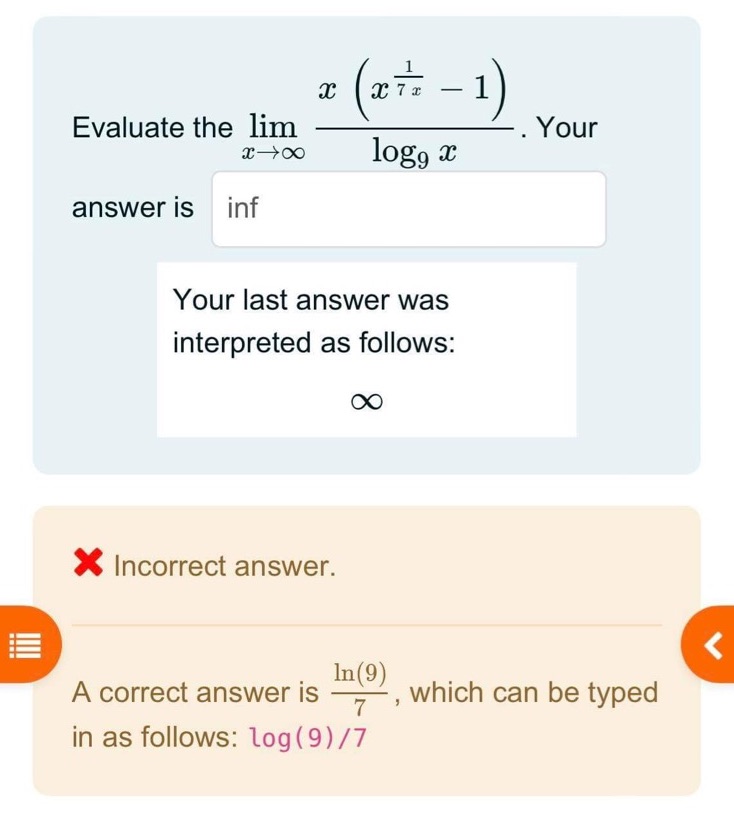 :1: answer is inf Your last answer was interpreted as follows: 00
