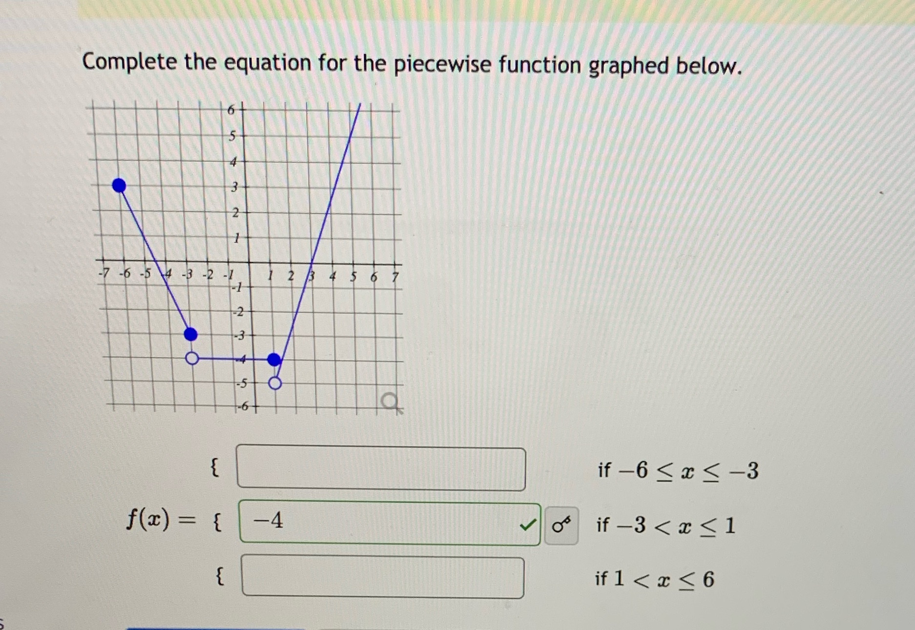  Complete the equation for the piecewise function graphed below. -7- 6