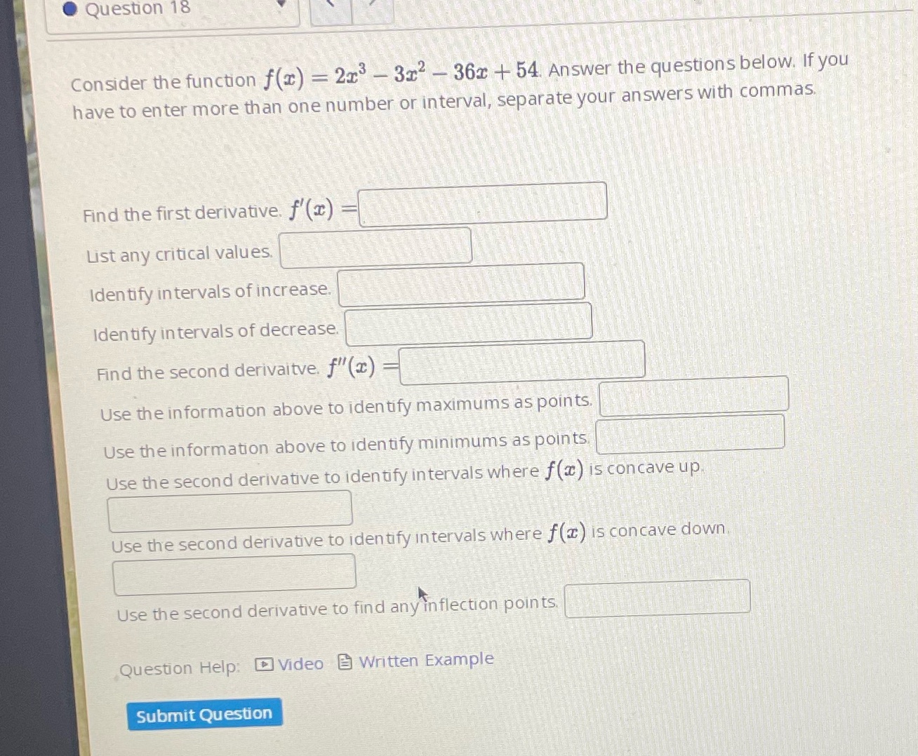 36x + 54 Answer the questions below, If you have to enter