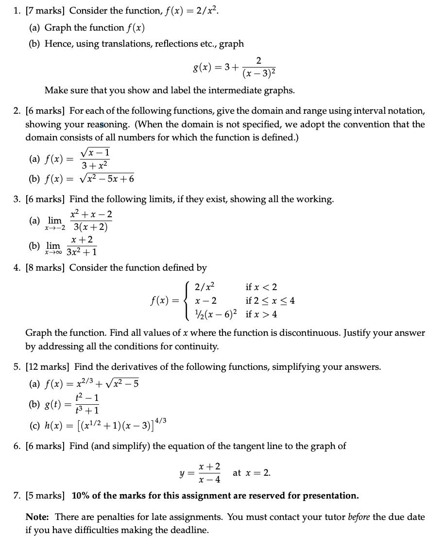  1. [7 marks] Consider the function, f[x) = 2/ x2. (a)