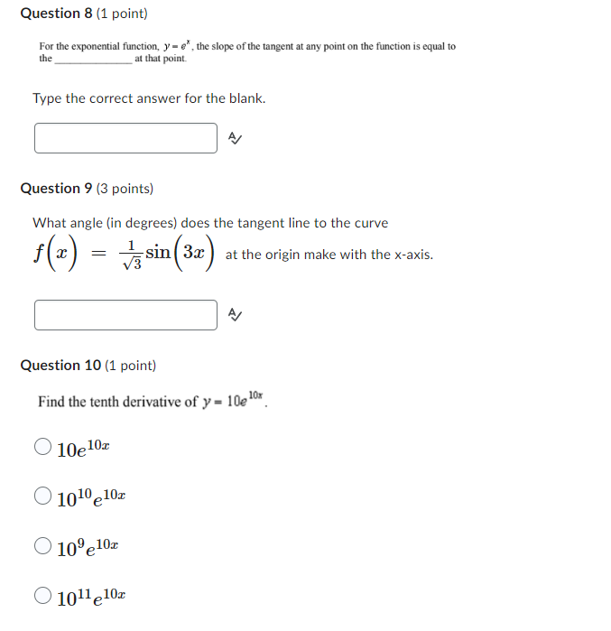 Question 8 (1 point) For the exponential function, y = 6",