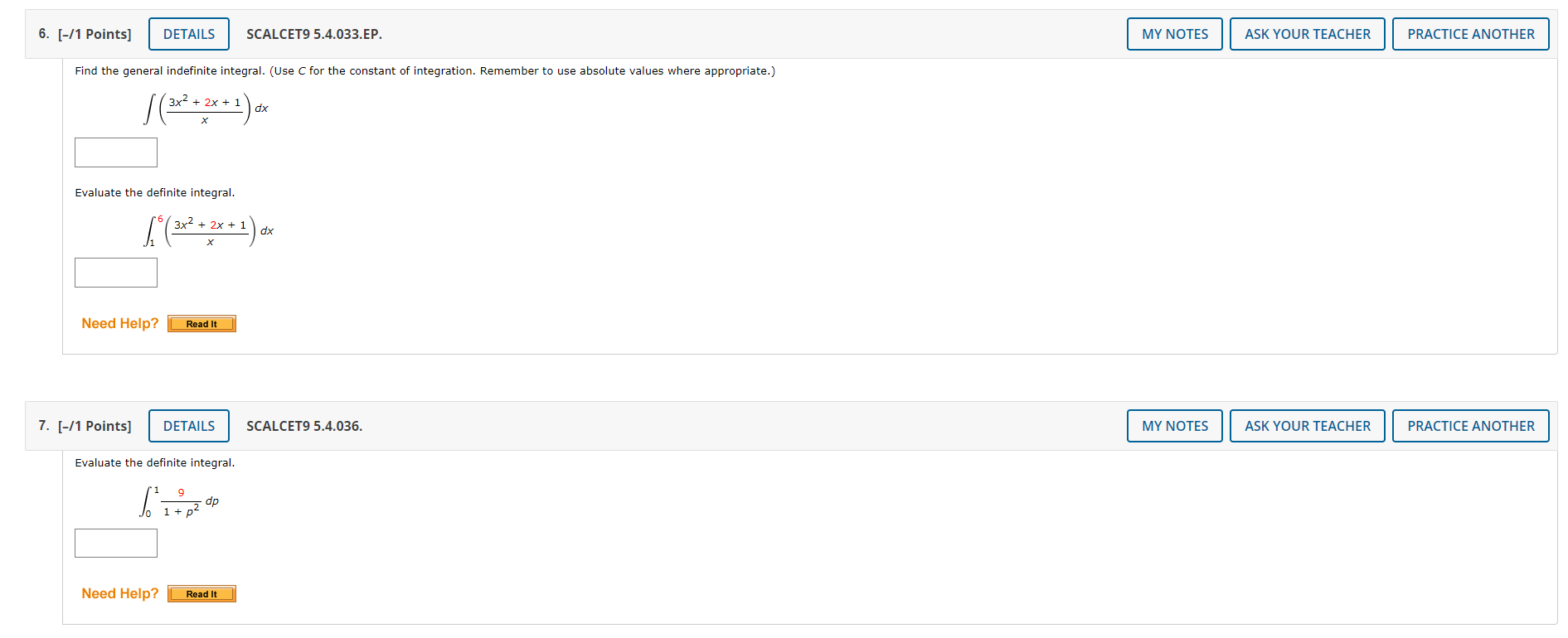  5.4 Homework - Indefinite Integrals, Net Change (Homework) 6. [-/1 Points]