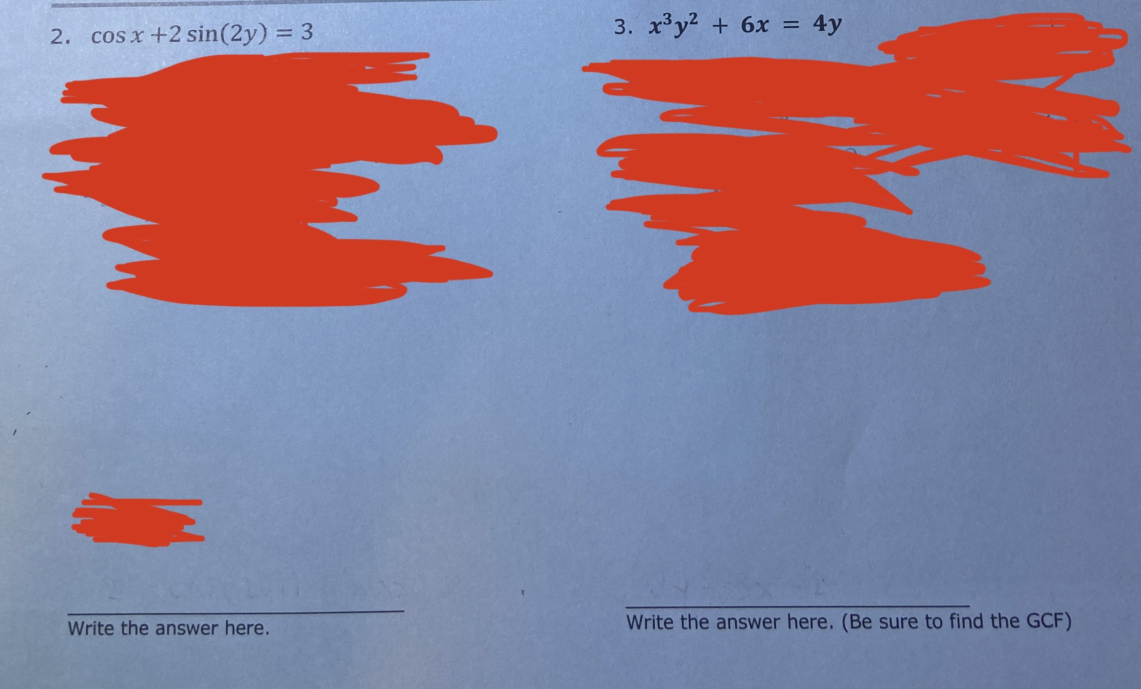 Equation of the line2. cos x +2 sin(2y) = 3 3. xy'