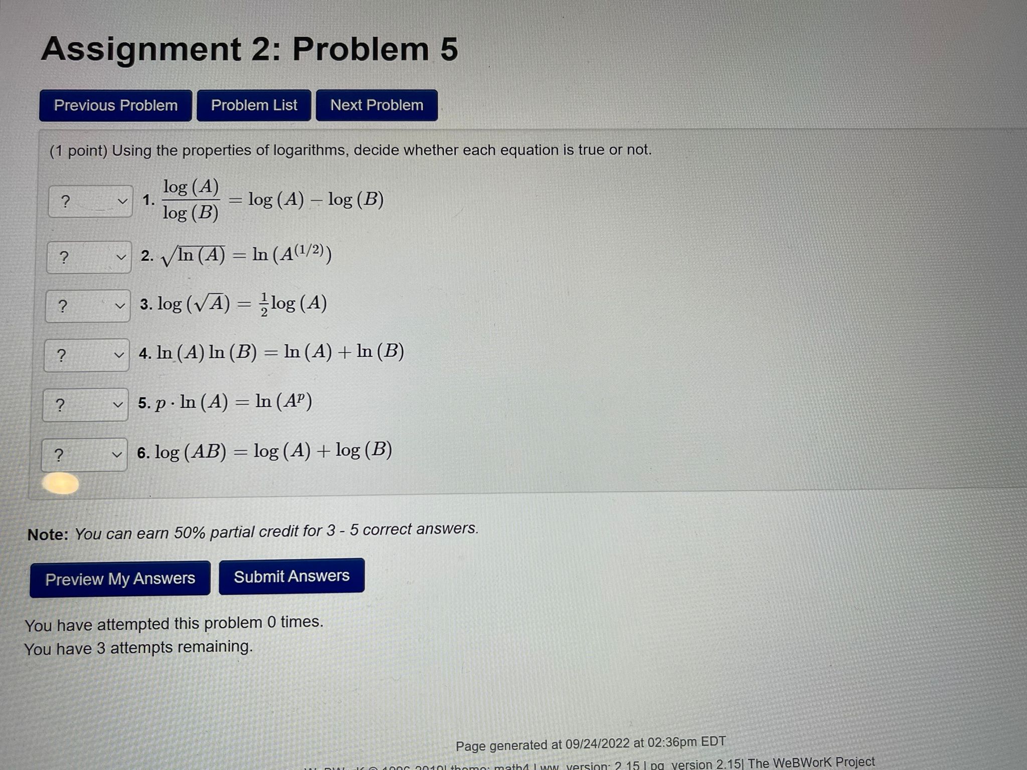  Assignment 2: Problem 5 Previous Problem Problem List Next Problem (1