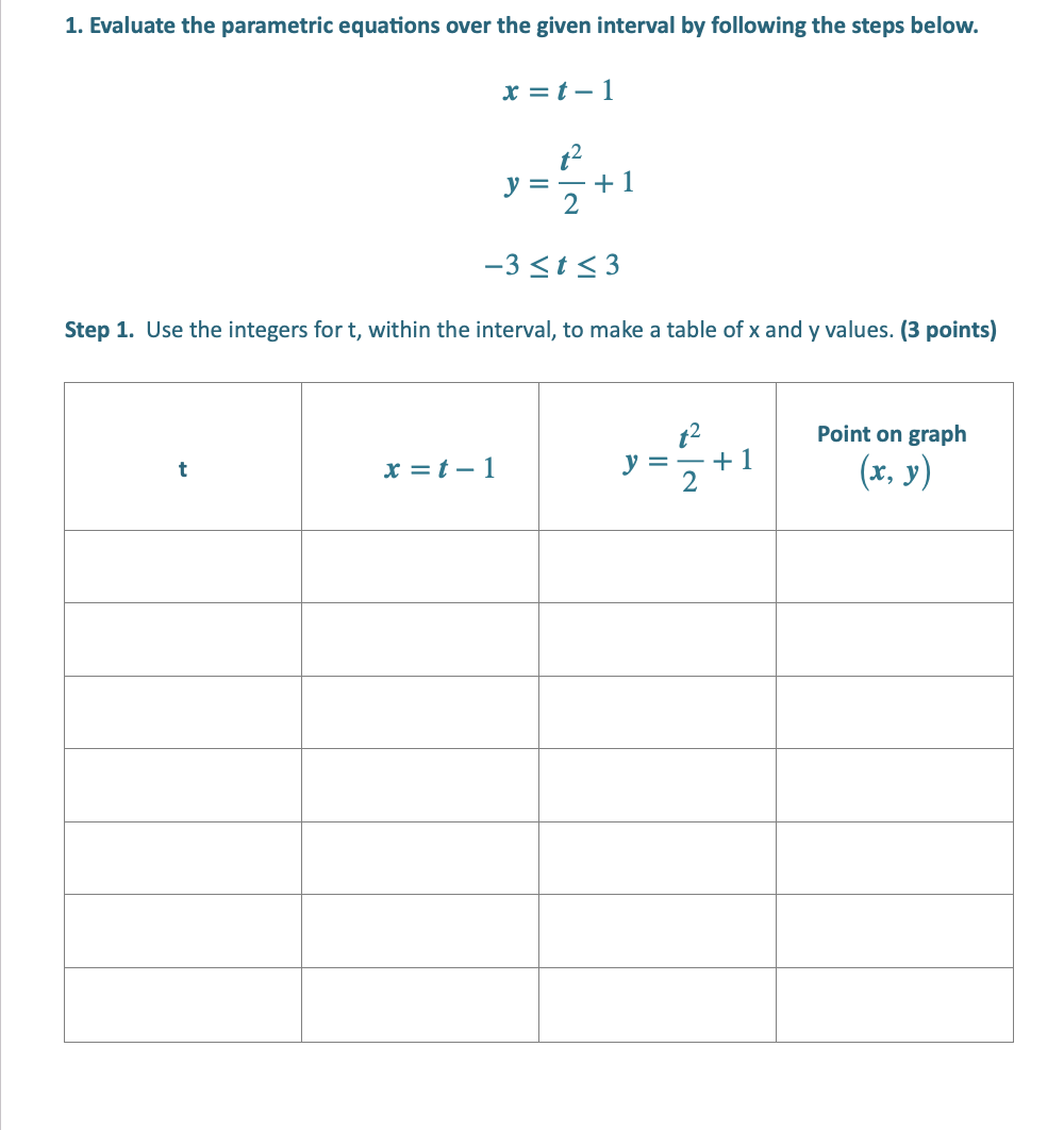 the interval, to make a table of x and y values. (3