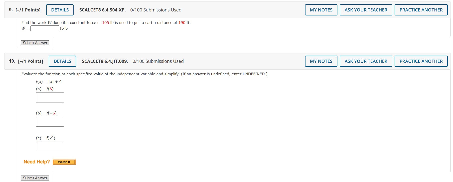 6. [-/1 Points] DETAILS SCALCET9 6.XP.4.006. 0/100 Submissions Used MY NOTES ASK