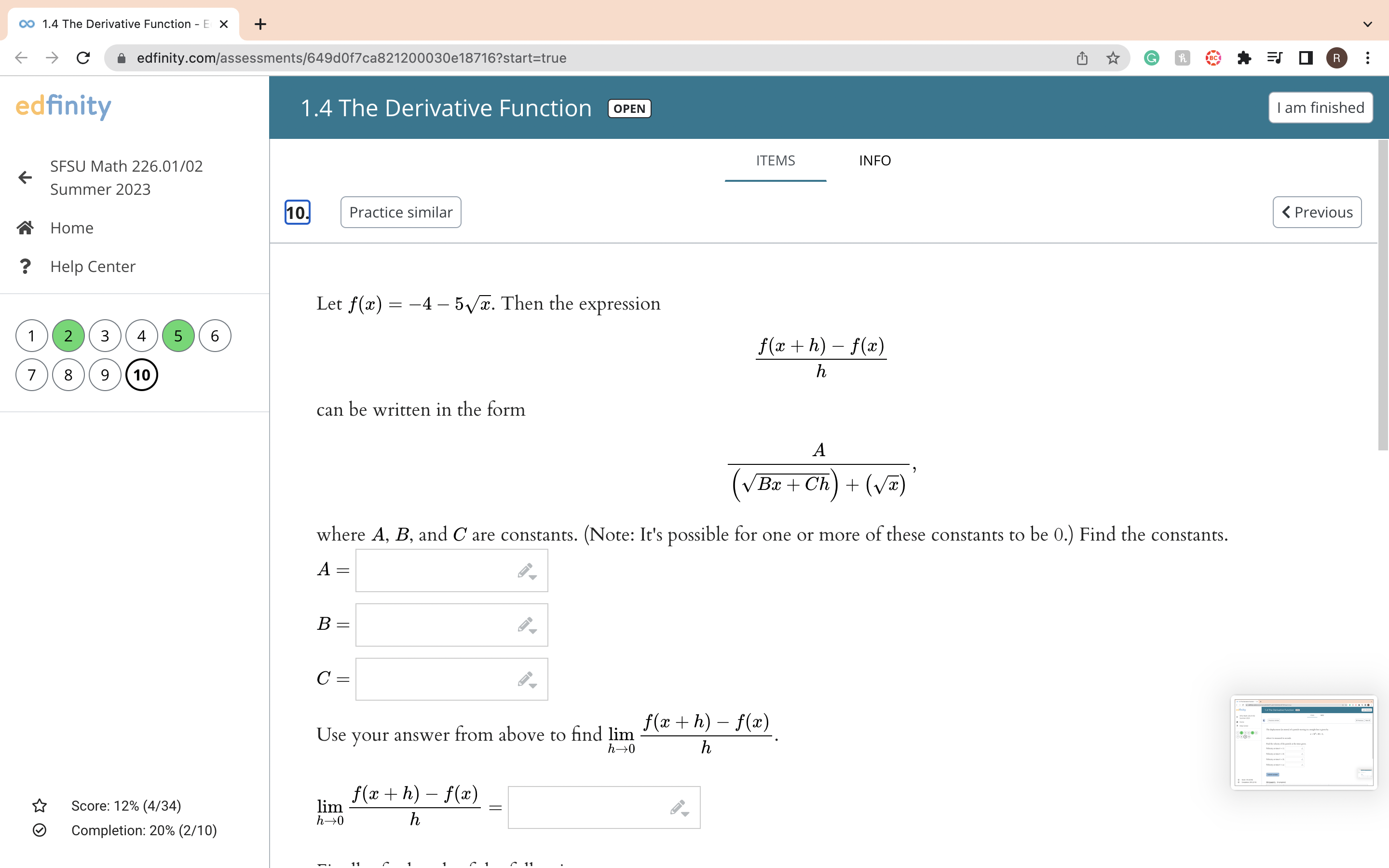 Use your derivative function graph to estimate the following values on the